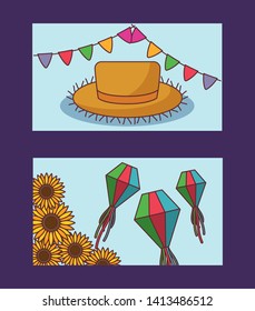 festa junina cards with straw hat and icons