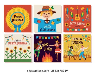 Festa junina cards. Traditional annual harvest festival, brasil farm holiday, june party and event, funny celebration, invitation design, cartoon flat style isolated tidy vector set