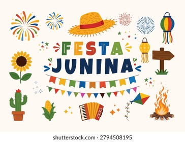 Festa Junina carnival typography vector illustration featuring sunflower, crops, fireworks, sparkles, accordion, guitar, bonfire, drum, lantern, and festive party icons.