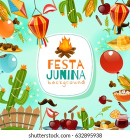 Festa junina cartoon background with decorative frame consisting of traditional celebration symbols flat vector illustration