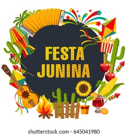 Festa junina cartoon background with decorative frame consisting of traditional celebration symbols flat vector illustration