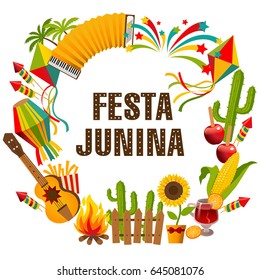 Festa junina cartoon background with decorative frame consisting of traditional celebration symbols flat vector illustration