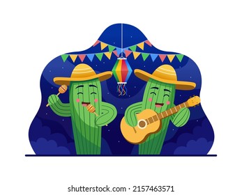 Festa Junina Cartoon illustration With Cactus Character Playing Music.
Cinco de Mayo Vector Illustration.
Cactus Cartoon Playing Guitar and Maracas.
Can be used for greeting card, print, postcard, etc