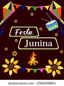 Festa Junina celebrating background with colorful decorative flowers and garlands. 