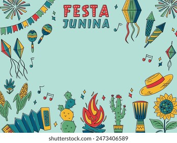 Festa Junina celebration Banner, Greeting Card, Poster. Brazil June Festival Design. Folklore Holiday. Guitar, Accordion, Cactus, Sunflower, Campfire, Garland. Festa de Sao Joao Vector illustration