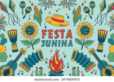 Festa Junina celebration Banner, Greeting Card, Poster. Brazil June Festival Design. Folklore Holiday. Guitar, Accordion, Cactus, Sunflower, Campfire, Garland. Festa de Sao Joao Vector illustration