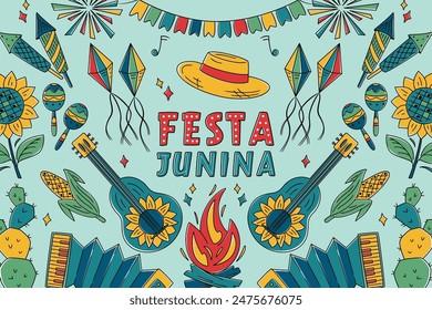 Festa Junina celebration Banner, Greeting Card, Poster. Brazil June Festival Design. Folklore Holiday. Guitar, Accordion, Cactus, Sunflower, Campfire, Garland. Festa de Sao Joao Vector illustration