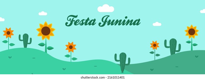 Festa Junina Celebration Banner Or Header Design With Sunflower Plants, Cactus, Clouds On Blue And Green Background.