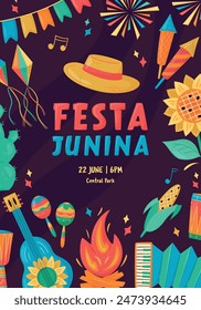 Festa Junina celebration Banner, Poster. Brazil June Festival Design. Folklore Holiday. Guitar, Accordion, Cactus, Sunflower, Campfire on dark background. Festa de Sao Joao Vector illustration