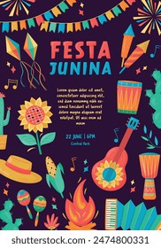 Festa Junina celebration Banner, Poster. Brazil June Festival Design. Folklore Holiday. Guitar, Accordion, Cactus, Sunflower, Campfire on dark background. Festa de Sao Joao Vector illustration