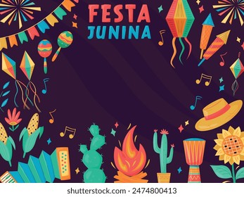 Festa Junina celebration Banner, Poster. Brazil June Festival Design. Folklore Holiday. Guitar, Accordion, Cactus, Sunflower, Campfire on dark background. Festa de Sao Joao Vector illustration