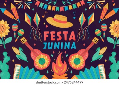 Festa Junina celebration Banner, Poster. Brazil June Festival Design. Folklore Holiday. Guitar, Accordion, Cactus, Sunflower, Campfire on dark background. Festa de Sao Joao Vector illustration