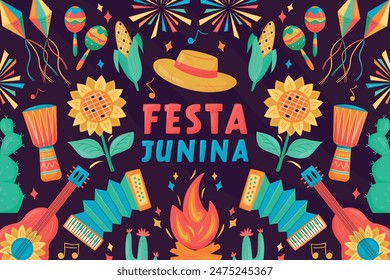 Festa Junina celebration Banner, Poster. Brazil June Festival Design. Folklore Holiday. Guitar, Accordion, Cactus, Sunflower, Campfire on dark background. Festa de Sao Joao Vector illustration