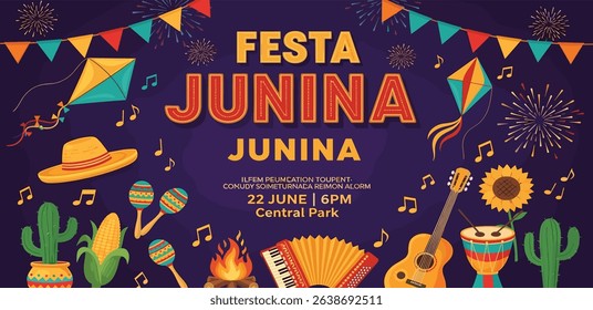 Festa Junina celebration Banner, Poster. Brazil June Festival Design. Folklore Holiday. Guitar, Accordion, Cactus, Sunflower, Campfire on dark background. Festa de Sao Joao Vector illustration