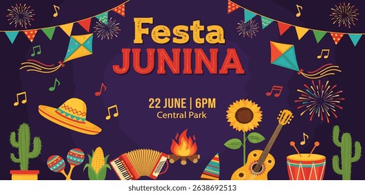 Festa Junina celebration Banner, Poster. Brazil June Festival Design. Folklore Holiday. Guitar, Accordion, Cactus, Sunflower, Campfire on dark background. Festa de Sao Joao Vector illustration