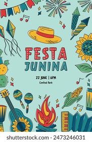 
Festa Junina celebration. Brazil June Festival Design. Folklore Holiday. Guitar, Accordion, Cactus, Sunflower, Campfire, garland. Banner, Greeting Card,  Poster. Festa de Sao Joao Vector illustration