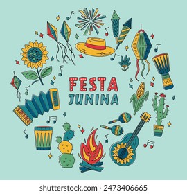 Festa Junina celebration. Brazil June Festival Design. Folklore Holiday. Guitar, Accordion, Cactus, Sunflower, Campfire, Garland. Banner, Greeting Card, Poster. Festa de Sao Joao Vector illustration