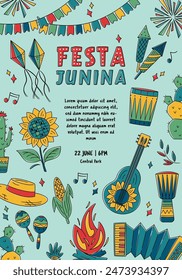 Festa Junina celebration. Brazil June Festival Design. Folklore Holiday. Guitar, Accordion, Cactus, Sunflower, Campfire, Garland. Banner, Greeting Card, Poster. Festa de Sao Joao Vector illustration