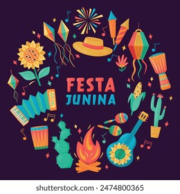 Festa Junina celebration. Brazil June Festival Design. Folklore Holiday. Guitar, Accordion, Cactus, Sunflower, Campfire on dark background. Banner, Card, Poster. Festa de Sao Joao Vector illustration