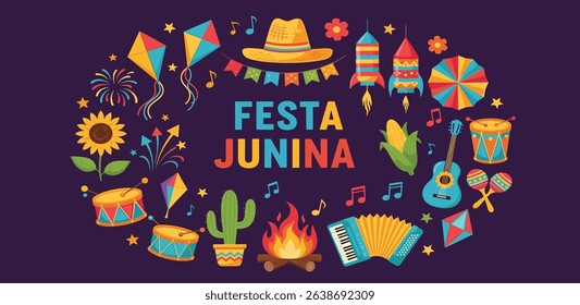 Festa Junina celebration. Brazil June Festival Design. Folklore Holiday. Guitar, Accordion, Cactus, Sunflower, Campfire on dark background. Banner, Card, Poster. Festa de Sao Joao Vector illustration