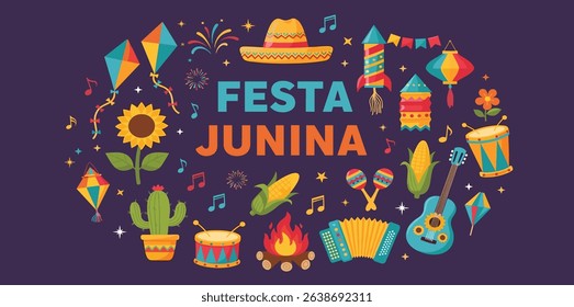 Festa Junina celebration. Brazil June Festival Design. Folklore Holiday. Guitar, Accordion, Cactus, Sunflower, Campfire on dark background. Banner, Card, Poster. Festa de Sao Joao Vector illustration