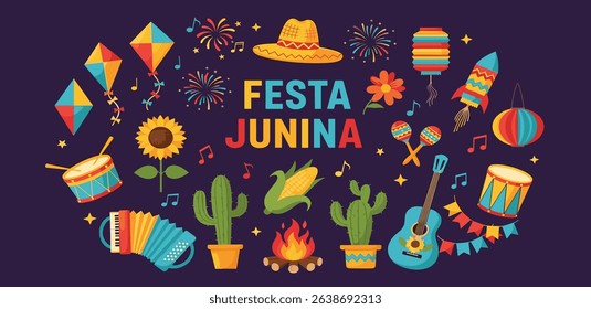 Festa Junina celebration. Brazil June Festival Design. Folklore Holiday. Guitar, Accordion, Cactus, Sunflower, Campfire on dark background. Banner, Card, Poster. Festa de Sao Joao Vector illustration