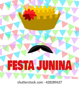 Festa junina celebration in Brazil. Vector illustration of abstract man in traditional hat with flower on a bright background with festival flags.