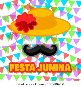 Festa junina celebration in Brazil. Vector illustration of abstract man in traditional hat on a bright background with colorful festival flags.