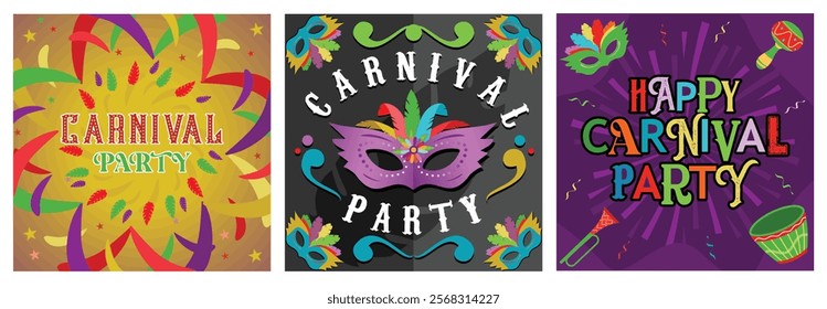 Festa Junina celebration in Brazil.Feather mask with colorful decorations. Celebration of music and dance in Brazil. Carnival Party concept. Set flat vector illustration.