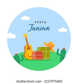 Festa Junina Celebration Concept With Flat Style Gift Boxes, Hat, Guitar, Cactus Plants On Blue And White Background.