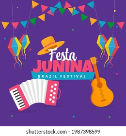 Festa Junina Celebration Concept With Musical Instrument, Hat, Lanterns Hang And Bunting Flags On Purple Background.