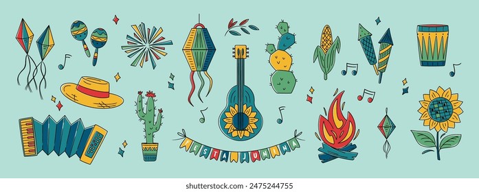 Festa Junina celebration elements. Brazil June Festival Design. Folklore Holiday. Guitar, Accordion, Cactus, Sunflower, Campfire, Garland, Dram, Fireworks. Festa de Sao Joao Vector illustration