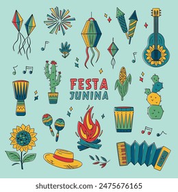 Festa Junina celebration elements. Brazil June Festival Design. Folklore Holiday. Guitar, Accordion, Cactus, Sunflower, Campfire, Garland, Dram, Fireworks. Festa de Sao Joao Vector illustration