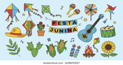 Festa Junina celebration elements. Brazil June Festival Design. Folklore Holiday. Guitar, Accordion, Cactus, Sunflower, Campfire, Garland, Dram, Fireworks. Festa de Sao Joao Vector illustration