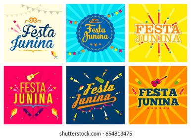 Festa Junina celebration festive  cards set, vector illustration. Traditional Brazil June festival party signs and symbols