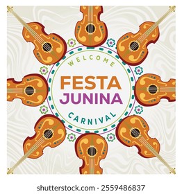 Festa Junina celebration with guitars and lively patterns. Cultural festival celebration in Brazil. Carnival party concept. Flat vector illustration.