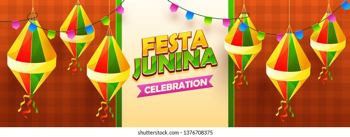 Festa Junina Celebration header or banner design decorated with lanterns and bunting flags.