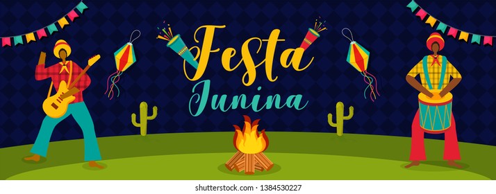 Festa Junina celebration header or banner design with Brazilian men playing music instrument and bonfire illustration.