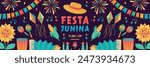 Festa Junina celebration Horizontal Banner. Brazil June Festival Design. Folklore Holiday. Guitar, Accordion, Cactus, Sunflower, Campfire on dark background. Festa de Sao Joao Vector illustration