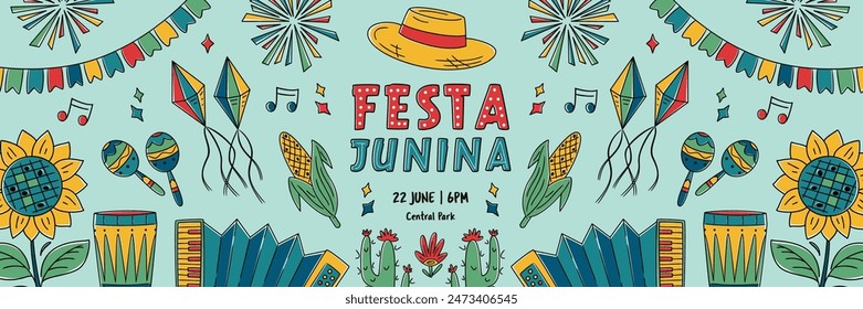 Festa Junina celebration. Horizontal Banner, Greeting Card, Poster. Brazil June Festival Design. Folklore Holiday. Accordion, Sunflower, Campfire, Firework. Festa de Sao Joao Vector illustration