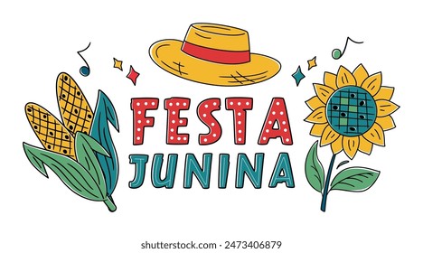 Festa Junina celebration. Horizontal Banner, Greeting Card, Poster. Brazil June Festival Design. Folklore Holiday. Corn, Sunflower, straw hat. Festa de Sao Joao Vector illustration isolated on white