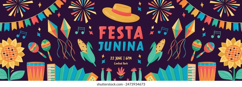 Festa Junina celebration Horizontal Banner. Brazil June Festival Design. Folklore Holiday. Guitar, Accordion, Cactus, Sunflower, Campfire on dark background. Festa de Sao Joao Vector illustration