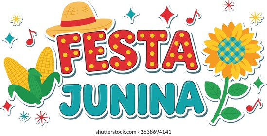 Festa Junina celebration. Horizontal Banner, Greeting Card, Poster. Brazil June Festival Design. Folklore Holiday. Corn, Sunflower, straw hat. Festa de Sao Joao Vector illustration isolated on