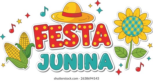 Festa Junina celebration. Horizontal Banner, Greeting Card, Poster. Brazil June Festival Design. Folklore Holiday. Corn, Sunflower, straw hat. Festa de Sao Joao Vector illustration isolated on