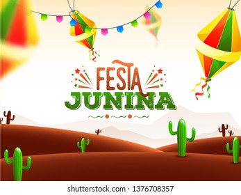 Festa Junina celebration poster design decorated with lanterns and cactus on desert landscape background.