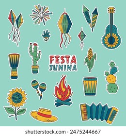 Festa Junina celebration stickers. Brazil June Festival Design. Folklore Holiday. Guitar, Accordion, Cactus, Sunflower, Campfire, Garland, Dram, Fireworks. Festa de Sao Joao Vector illustration