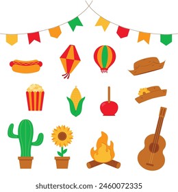 Conjunto de Vector de celebración de Festa Junina (fiesta brasileña). Maíz, guitarra, girasol, hoguera, hot dog, palomitas de maíz, sombreros tradicionales y globos.