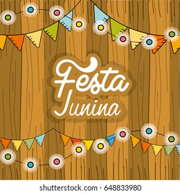festa junina with chain bulbs and wood background