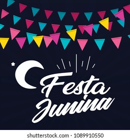 Festa Junina Colorful Flag Moon Black Background Vector Image
