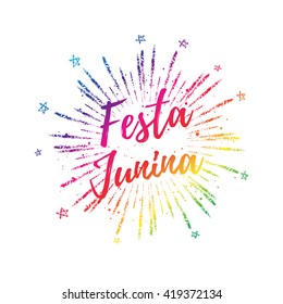 Festa Junina colorful gradient summer calligraphic poster, illustration. Vector firework carnaval background with stars. 